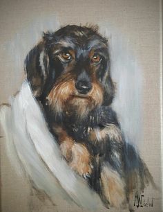 a painting of a dachshund dog with a white blanket around it's neck