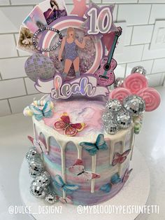 Taylor Swift birthday cake (Instagram links in pic) Taylor Swift Birthday Cake, Anime Happy Birthday, Summer Birthday Cake, Lily Cake, Cake Instagram, 8th Birthday Cake