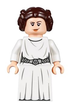 a lego star wars character with brown hair and white dress, standing in front of a white background