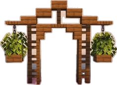 a wooden structure with plants hanging from it's sides and two potted plants on each side