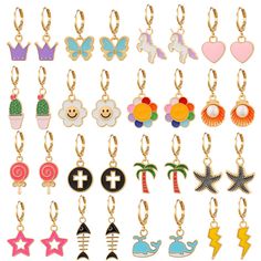 PRICES MAY VARY. Pack of 16 pairs small gold dangle hoop earrings for girls. Includes crown, butterfly, unicorn, heart, sunflower, shell, starfish, star, lightning earrings and more Nice gifts for girls, teen girls, kids girls, toddler girls, and perfect for children to dress up for birthday, theme parties, festival, and other holiday Material: High quality gold plated brass, hypoallergenic and nickel free, good for Sensitive Ears. Cuff design for easy to wear and take off for little girl Mini s Crown Butterfly, Heart Sunflower, Hoop Earrings With Charm, Lightning Earrings, Earrings For Kids, Ray Ray, Unicorn Mermaid, Nice Gifts, Cuff Design