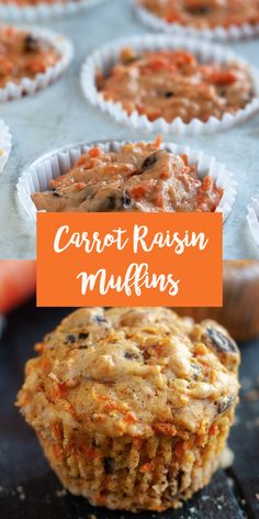 carrot raisin muffins with text overlay