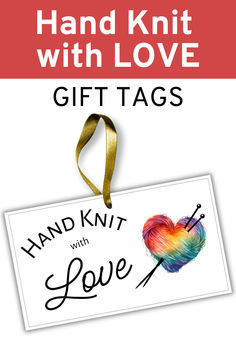 hand knit with love gift tags are on display in front of a red and white background