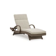 an outdoor chaise lounge chair with beige fabric and wood frame, viewed from the side