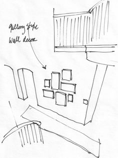 a drawing of a living room with furniture and walls drawn on it's side