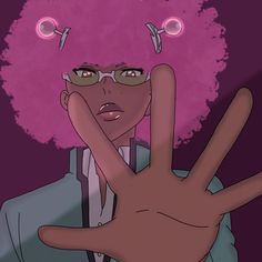 a person with pink hair and glasses making the peace sign