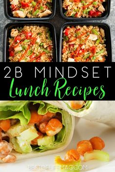 the meal is prepared and ready to be eaten with text overlay that reads, 28 mindset lunch recipes