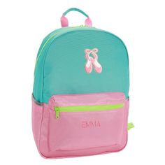 a pink and blue backpack with a unicorn on the front, green trim around the bottom