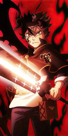 an anime character holding two swords in one hand and looking at the camera while standing against a red background