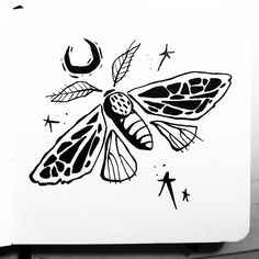 a black and white drawing of a butterfly with stars on it's back side