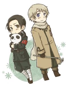 an anime character holding a panda bear next to another person wearing a coat and scarf