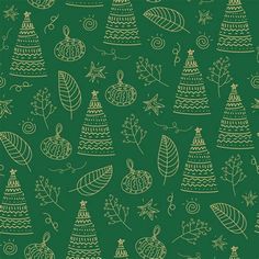 a green and white christmas pattern with trees, leaves and acorns on it