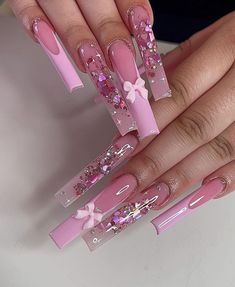 Pink Bling Nails, Bow Trend, Girly Acrylic, Baddie Nails, Season Of Love, Long Acrylic