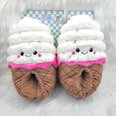 New. Size. M (7-8) Ladies. Cake Shoes, Cake White, Faux Fur Slippers, Fur Slippers, Moon Cake, Shoes Women, Faux Fur, Slippers, Ice Cream