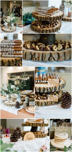 a collage of photos with pine cones and cookies