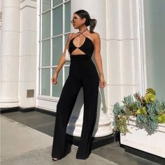 Nwt Winsor Sleek And Sultry Halter Jumpsuit Size Xl Velvet Pantsuit, Black V-neck Jumpsuit For Club, Black Three Piece Suit, Stretch Dress Pants, Pink Bodysuit, Halter Jumpsuit, Pinstripe Pants, Bodysuit Blouse, Two Piece Pants Set