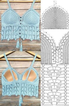 the crochet bralet pattern is shown in three different colors and sizes, including blue