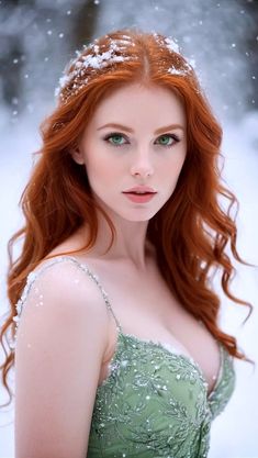 a woman with long red hair wearing a green dress in the snow looking at the camera