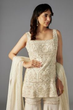 Ivory kurta with sequin bead embellished floral geometric patterns. Comes with sharara and dupatta. - Aza Fashions Kurta Sharara Set, Kurta Sharara, Women Kurta, Floral Geometric, Straight Kurta, Sharara Set, Sequin Beading, Set Women, Geometric Patterns