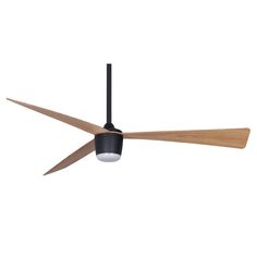 a ceiling fan with two wooden blades and a light on the top one is black