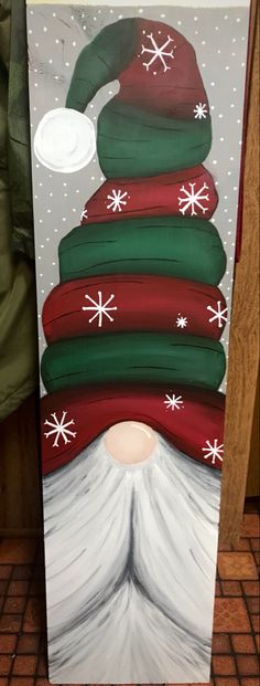 a painting of a christmas tree with snowflakes on it's top and bottom