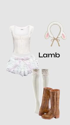 a woman's outfit and boots with the word lamb written in english on it