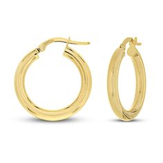 Lustrous hoops of high polish gold come together to form these timeless women's hoop earrings. Crafted in 14K yellow gold, the earrings secure in place with snap-lock backs. Earring height is 15mm. Anniversary Yellow Gold Hinged Hoop Earrings, Shiny Finish Yellow Gold Hoop Earrings For Anniversary, Yellow Gold Hoop Earrings With Shiny Finish For Anniversary, Yellow Gold Shiny Hoop Earrings For Anniversary, Shiny Hoop Huggie Earrings For Anniversary, Anniversary Huggie Hoop Earrings With Shiny Finish, Yellow Gold Hoop Earrings For Anniversary, Anniversary Hoop Earrings With Shiny Finish, Anniversary Hoop Earrings With Polished Finish