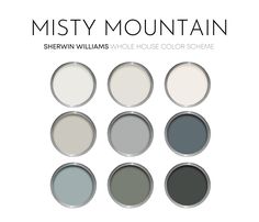 six different shades of paint with the words misty mountain above them in black and white