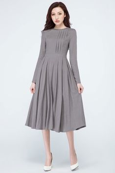 Fall Long Sleeve Dress With Accordion Pleats, Fall Dresses With Accordion Pleats And Long Sleeves, Gray Pleated Dress For Spring, Spring A-line Pleated Long Sleeve Dress, Fitted A-line Long Sleeve Pleated Dress, Fall A-line Pleated Dress, Fitted Long Sleeve Pleated Dress With Accordion Pleats, Chic Long Sleeve Gray Midi Dress, Chic Gray Long Sleeve Midi Dress