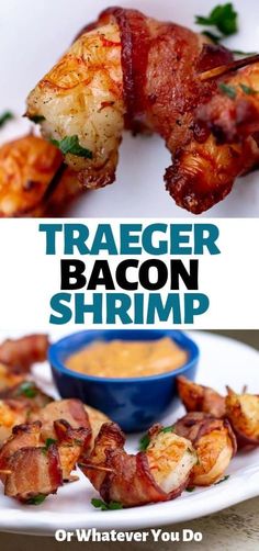 bacon wrapped shrimp on a plate with dipping sauce