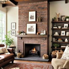 a living room filled with furniture and a fire place in the middle of a fireplace