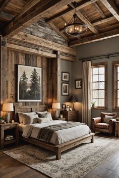 a rustic bedroom with wood paneled walls and flooring is pictured in this image