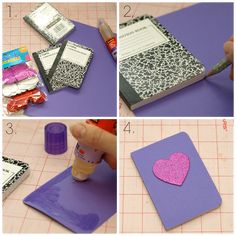 four pictures showing how to make a craft book with paper and glue on the pages