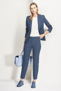 Tailored Blue Professional Blazer, Navy Women’s Suit, Tailored Blue Business Pantsuit, Timeless Blue Business Suit, Women’s Navy Blue Suit, Casual Leather Jacket Outfit, Trendy Work Outfit, Maxi Design, Summer Office Outfits