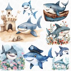 the shark and other animals are depicted in this watercolor painting set, which includes an ocean theme