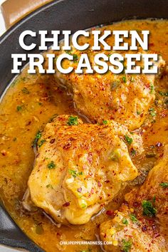 chicken fricasee in a skillet with the title above it