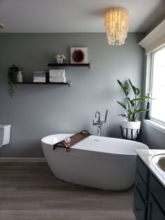 Vessel tub, free-standing tub, bathroom renovation, bathroom decorating Free Standing Bath Tub Corner, Soaking Tub In Corner, Corner Free Standing Tub, Freestanding Tub In Corner, Corner Tub Master Bath, Corner Bathtub Ideas, Corner Tubs, Trailer House Remodel