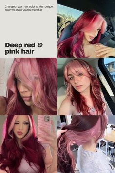 Pink Highlights In Pink Hair, Red Skin Hair Color, Red Hair Color With Pink Highlights, Red Hair With Pink Undertones, Cool Hair Inspo Color, Deep Red And Pink Hair, Pink Red Hair Dye, Cherry Red Hair Ideas, Unique Ways To Dye Hair