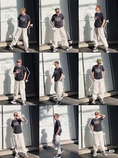 multiple shots of a man standing in front of a wall with his hands on his hips