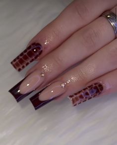 Long Fall Nail Ideas, Different Design Each Nail, Cute November Nails Square, Brown Nail Inspo Square, Nail Design Inspo 2024, Cute Brown Nails Acrylic, Dark Brown Nails Almond, Fall Nail Acrylic Ideas