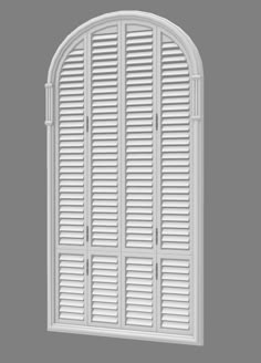 an arched window with white shutters on the outside and inside, against a gray background