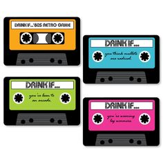 four different colored cassette coasters with the words dannifi on them and an image of