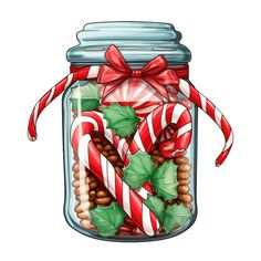 a jar filled with candy canes, nuts and pepperminks on a white background