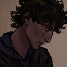 a drawing of a man with curly hair looking down at his cell phone while wearing a black shirt