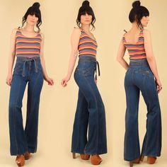 N’est Ce Pas? Vintage 1970s Denim Bell Bottom Jeans Excellent Condition. They Look Practically Brand New Very Hard To Find. Inseam: 33.5” Waist: 14” Length: 43” Hips: 18” Waist To Crotch: 11” Vintage Rock T Shirts, Hippie Jeans, Zipper Jeans, Bottom Jeans, Vintage Clothing Online, Free People Jeans, Bell Bottom, Jeans Color, Online Clothing Stores