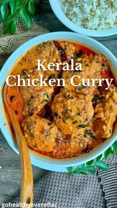 two bowls filled with chicken curry next to rice