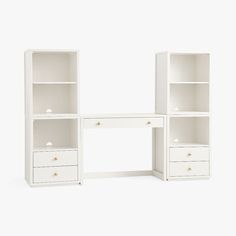 a white desk with shelves and drawers on it's sides, in front of a white background