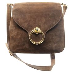 Gucci chocolate color Italian doeskin saddle bag with tiger head and gold tone hardware, owned by Natalie Cole 11" x 10" Gucci Chocolate, 70s Gucci, Brown Saddle Bag, Gold Shield, Gucci Vintage Bag, Natalie Cole, Gucci Vintage, Color Chocolate, Tiger Head