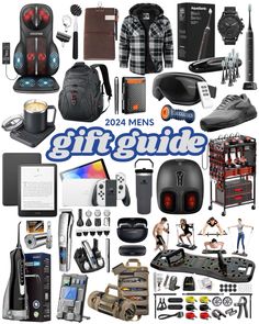 a poster with the words gift guide surrounded by various items and gadgets for men