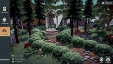 a screenshot of a garden with trees and bushes